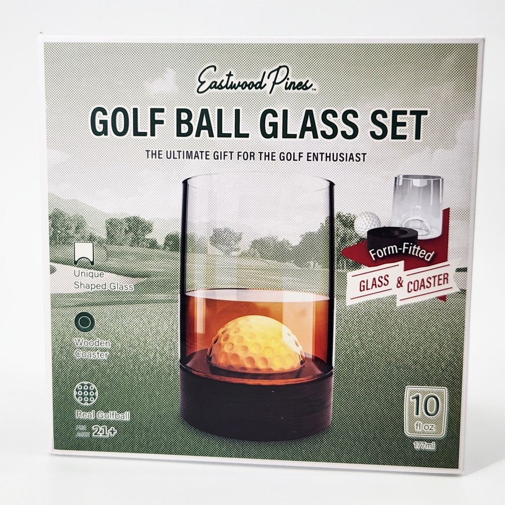 Eastwood Pines Golf Ball Glass Set with Wooden Coaster and Real Golf Ball XB0679